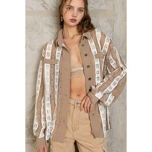 POL Can't Get Enough Lace Button-Down Top in Mocha YKT411B